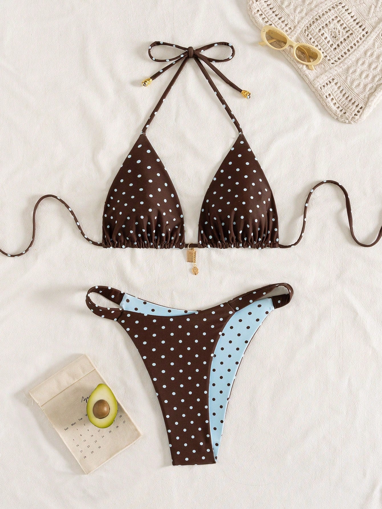 Swim Mod Women's Summer New Contrast Color Polka Dot Print Reversible Halter Tie Back Sexy Bikini Set, Suitable For Beach, Vacation