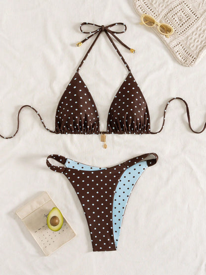 Swim Mod Women's Summer New Contrast Color Polka Dot Print Reversible Halter Tie Back Sexy Bikini Set, Suitable For Beach, Vacation
