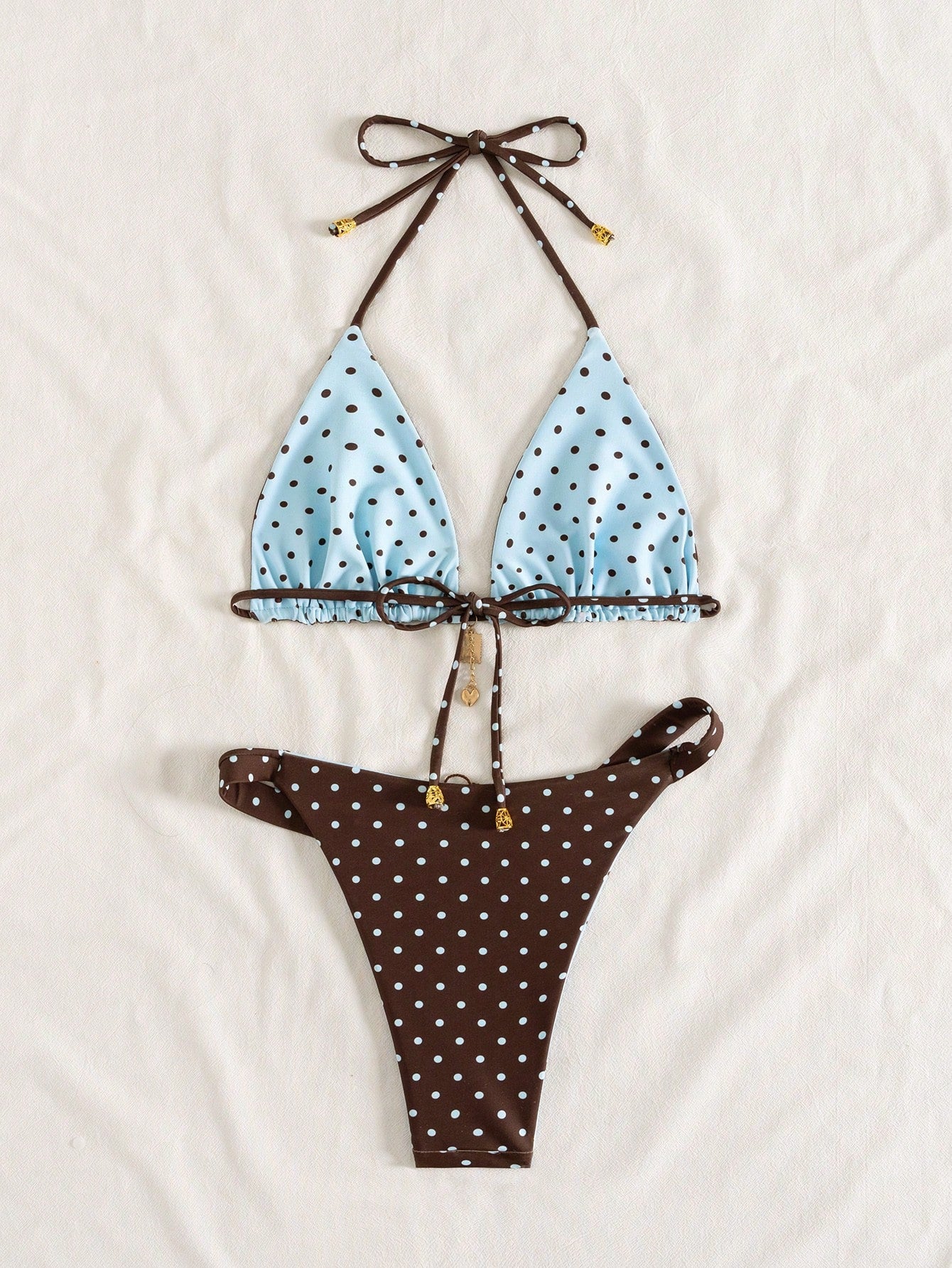 Swim Mod Women's Summer New Contrast Color Polka Dot Print Reversible Halter Tie Back Sexy Bikini Set, Suitable For Beach, Vacation