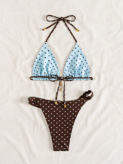 Swim Mod Women's Summer New Contrast Color Polka Dot Print Reversible Halter Tie Back Sexy Bikini Set, Suitable For Beach, Vacation