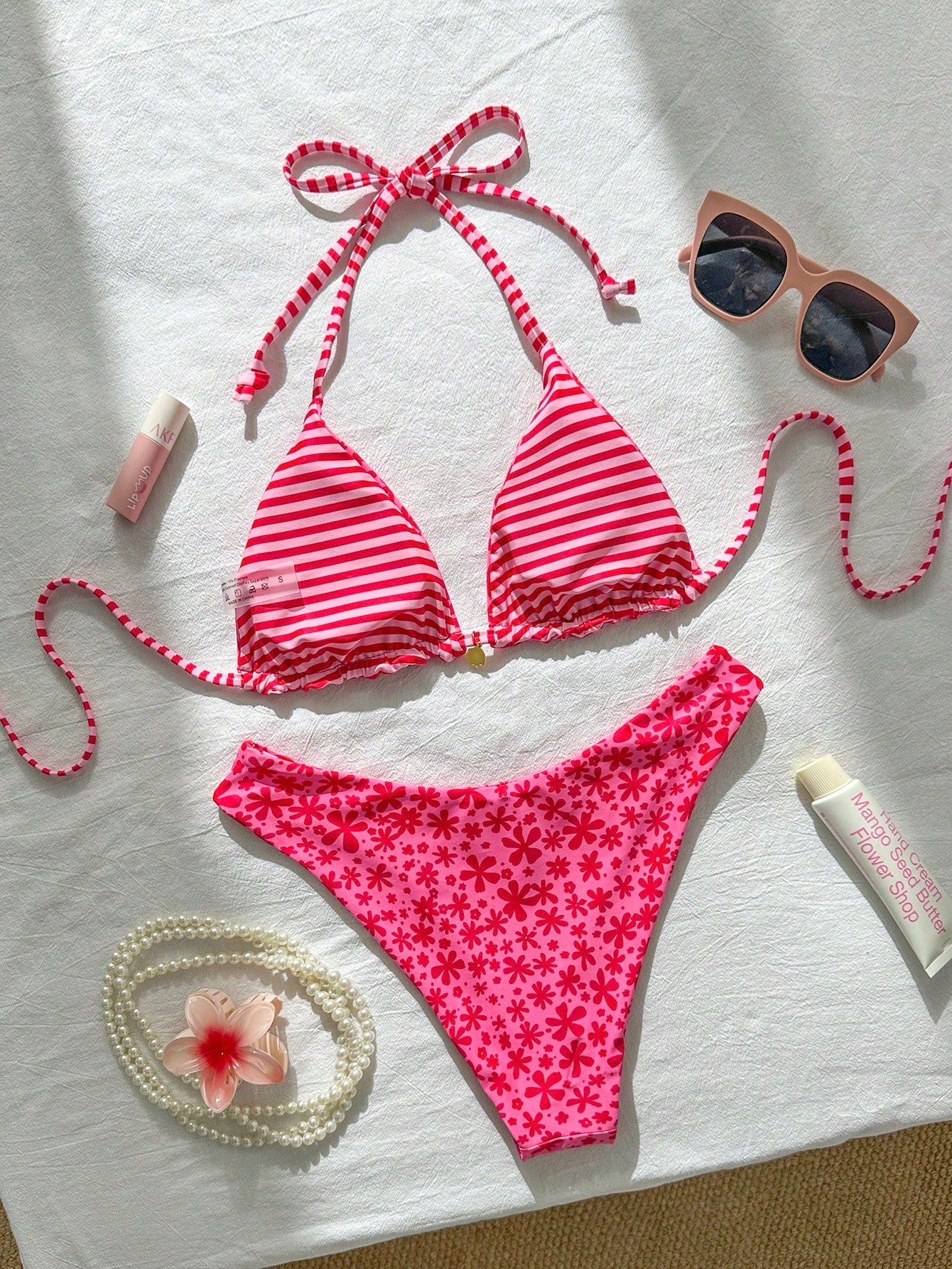 Swim Mod Women's Sweet Pink Floral Print Reversible Halter Bikini Set