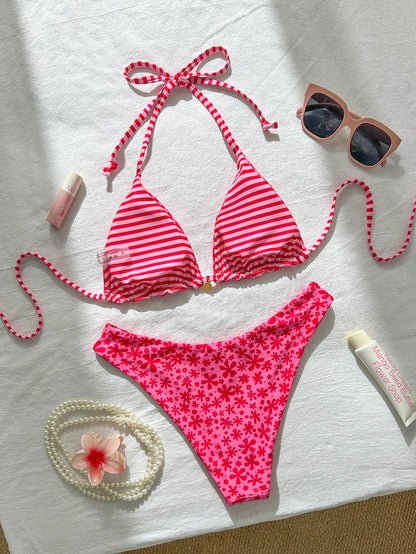 Swim Mod Women's Sweet Pink Floral Print Reversible Halter Bikini Set