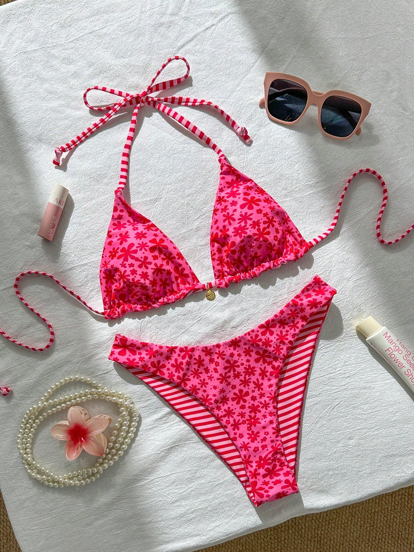 Swim Mod Women's Sweet Pink Floral Print Reversible Halter Bikini Set