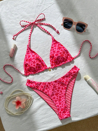 Swim Mod Women's Sweet Pink Floral Print Reversible Halter Bikini Set