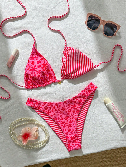 Swim Mod Women's Sweet Pink Floral Print Reversible Halter Bikini Set