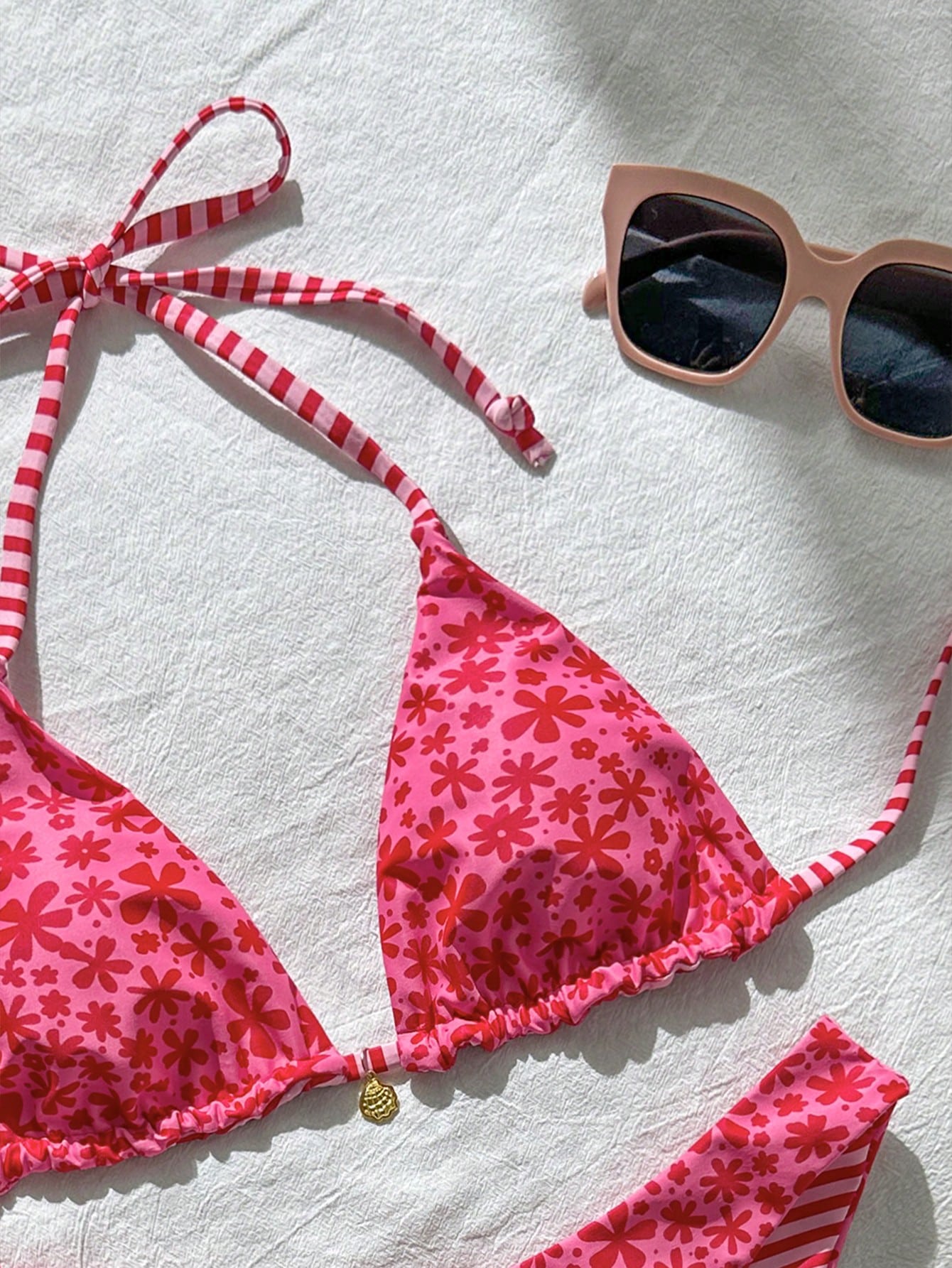 Swim Mod Women's Sweet Pink Floral Print Reversible Halter Bikini Set