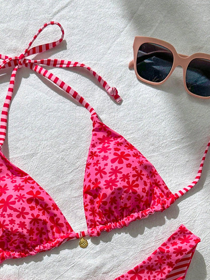 Swim Mod Women's Sweet Pink Floral Print Reversible Halter Bikini Set