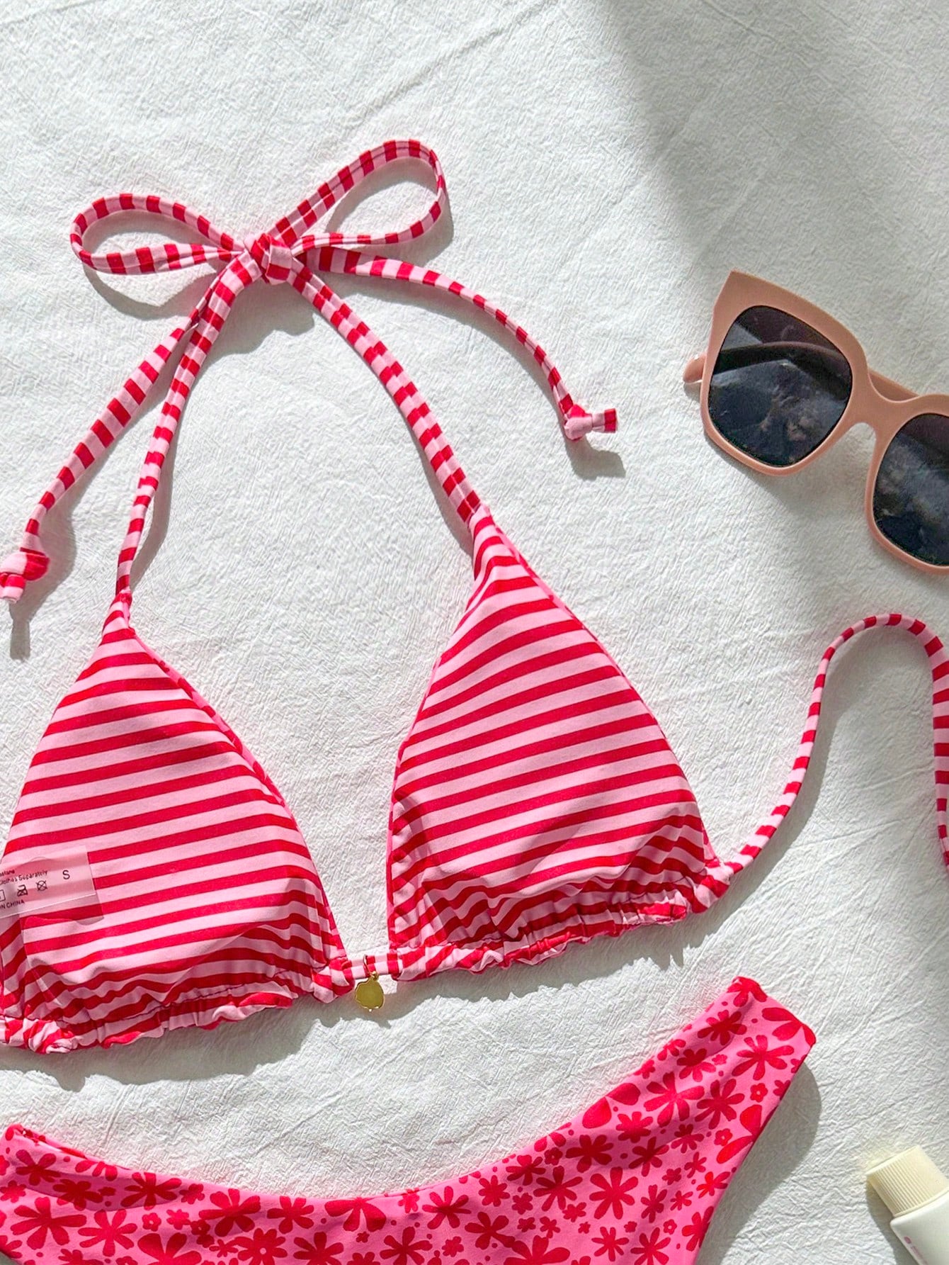 Swim Mod Women's Sweet Pink Floral Print Reversible Halter Bikini Set