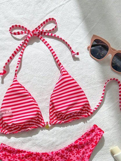 Swim Mod Women's Sweet Pink Floral Print Reversible Halter Bikini Set