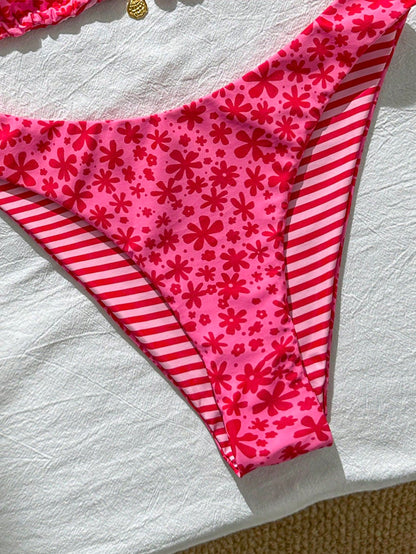 Swim Mod Women's Sweet Pink Floral Print Reversible Halter Bikini Set