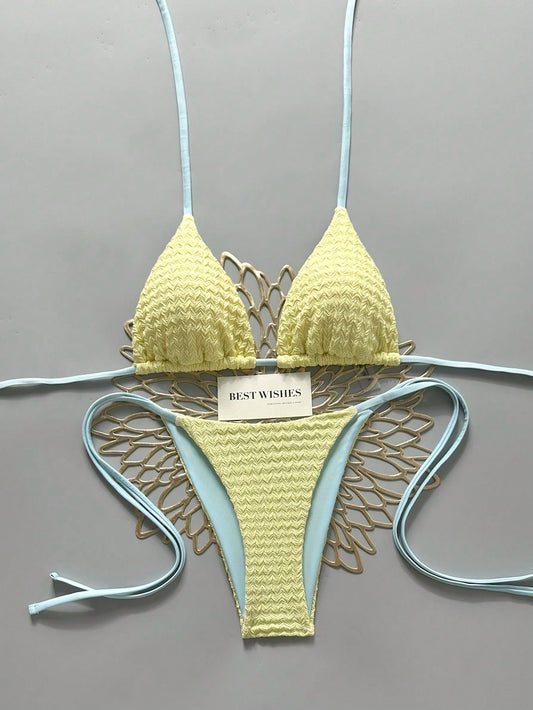 Swim Mod Yellow,Summer,Casual,Beach,Holiday,Vacation,Holiday 2026 Blue Patchwork Spaghetti Strap High Cut Tie-Side Bikini Swimwear 2 Pieces Set Crochet Women