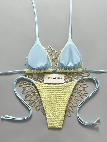 Swim Mod Yellow,Summer,Casual,Beach,Holiday,Vacation,Holiday 2026 Blue Patchwork Spaghetti Strap High Cut Tie-Side Bikini Swimwear 2 Pieces Set Crochet Women