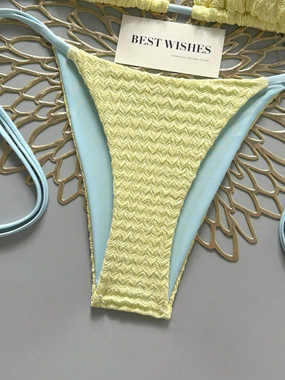 Swim Mod Yellow,Summer,Casual,Beach,Holiday,Vacation,Holiday 2026 Blue Patchwork Spaghetti Strap High Cut Tie-Side Bikini Swimwear 2 Pieces Set Crochet Women