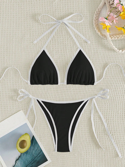 Swim Mod Yellow,Summer,Casual,Beach,Holiday,Vacation,Holiday 2026 Blue Patchwork Spaghetti Strap High Cut Tie-Side Bikini Swimwear 2 Pieces Set Crochet Women