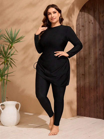 Swim Mulvari 2pcs Plus Size Women Solid Color Modest Middle East Style Long Sleeve & Long Pants Bikini Swimsuit Set, For Summer Beach Vacation
