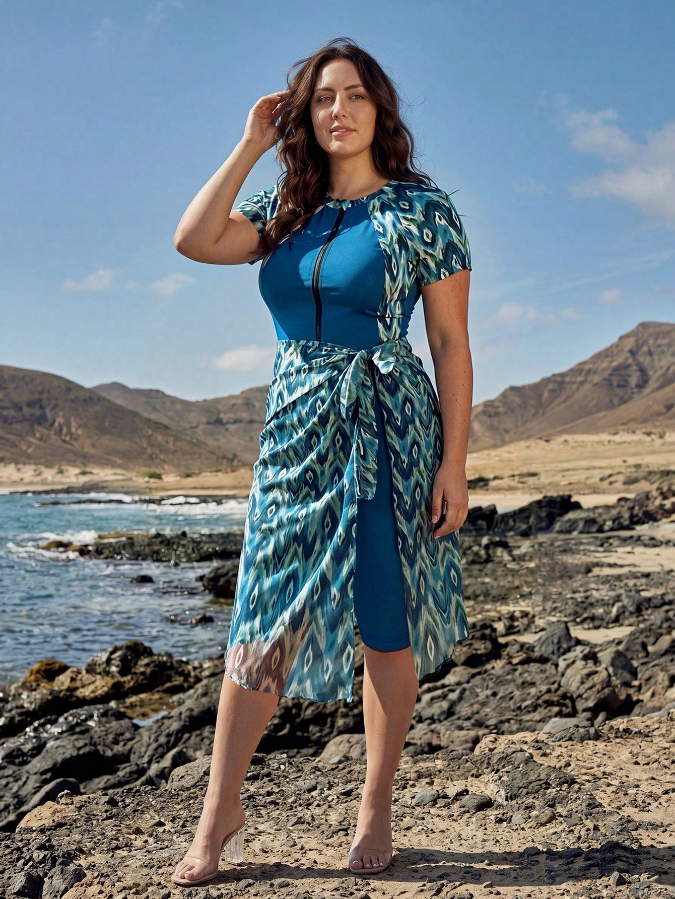 Swim Mulvari Plus Size 2pcs Set Solid Color & Random Print Top With Front Zipper, Knee-Length Skirt, Flattering & Slimming Burkini
