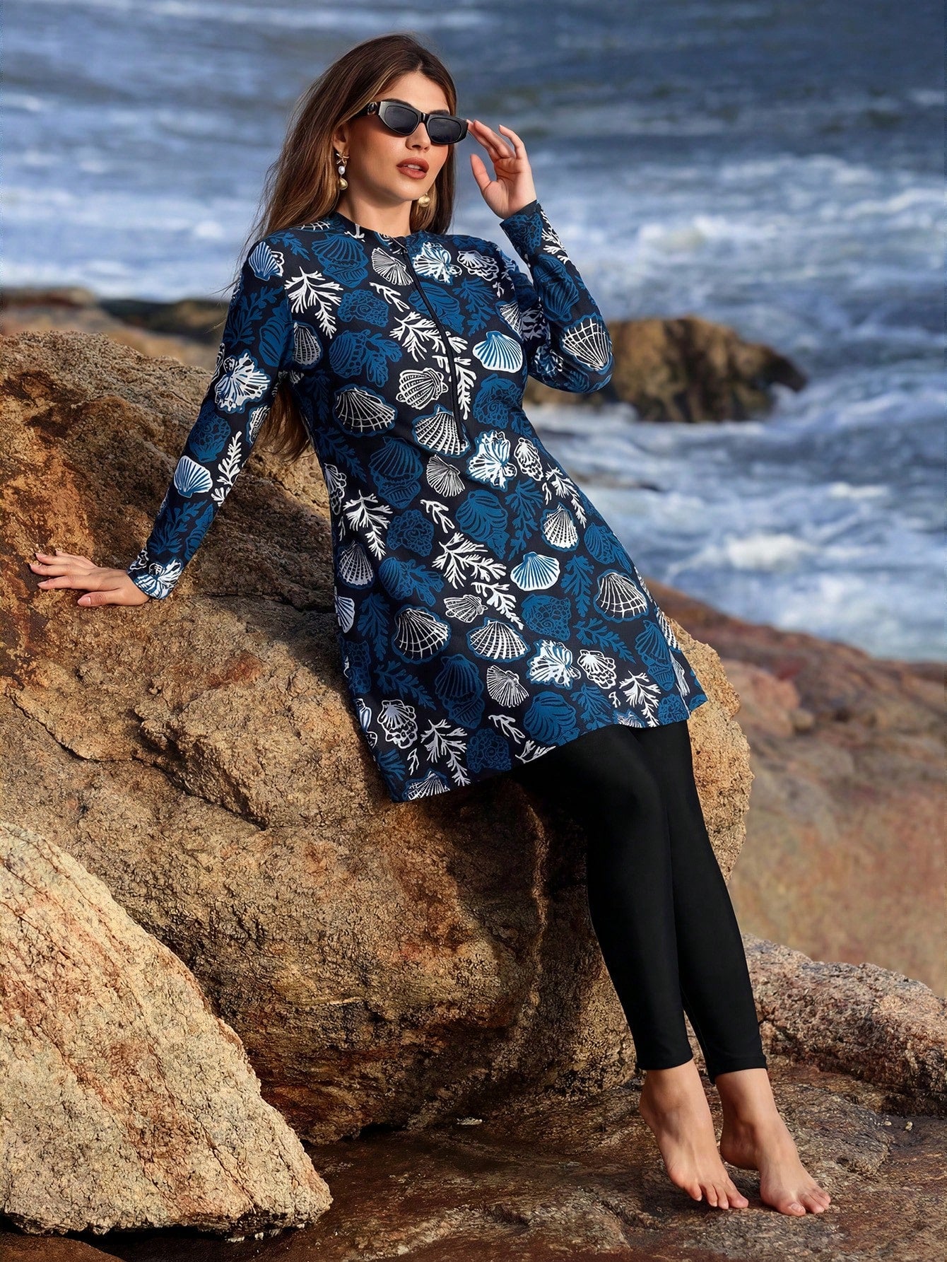 Swim Mulvari Plus Size Multicolor Tropical Print High Neck Long Sleeve Casual Burkinis