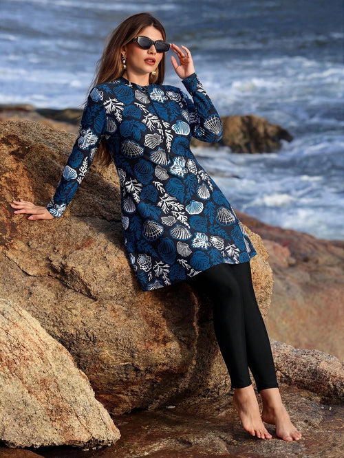 Swim Mulvari Plus Size Multicolor Tropical Print High Neck Long Sleeve Casual Burkinis