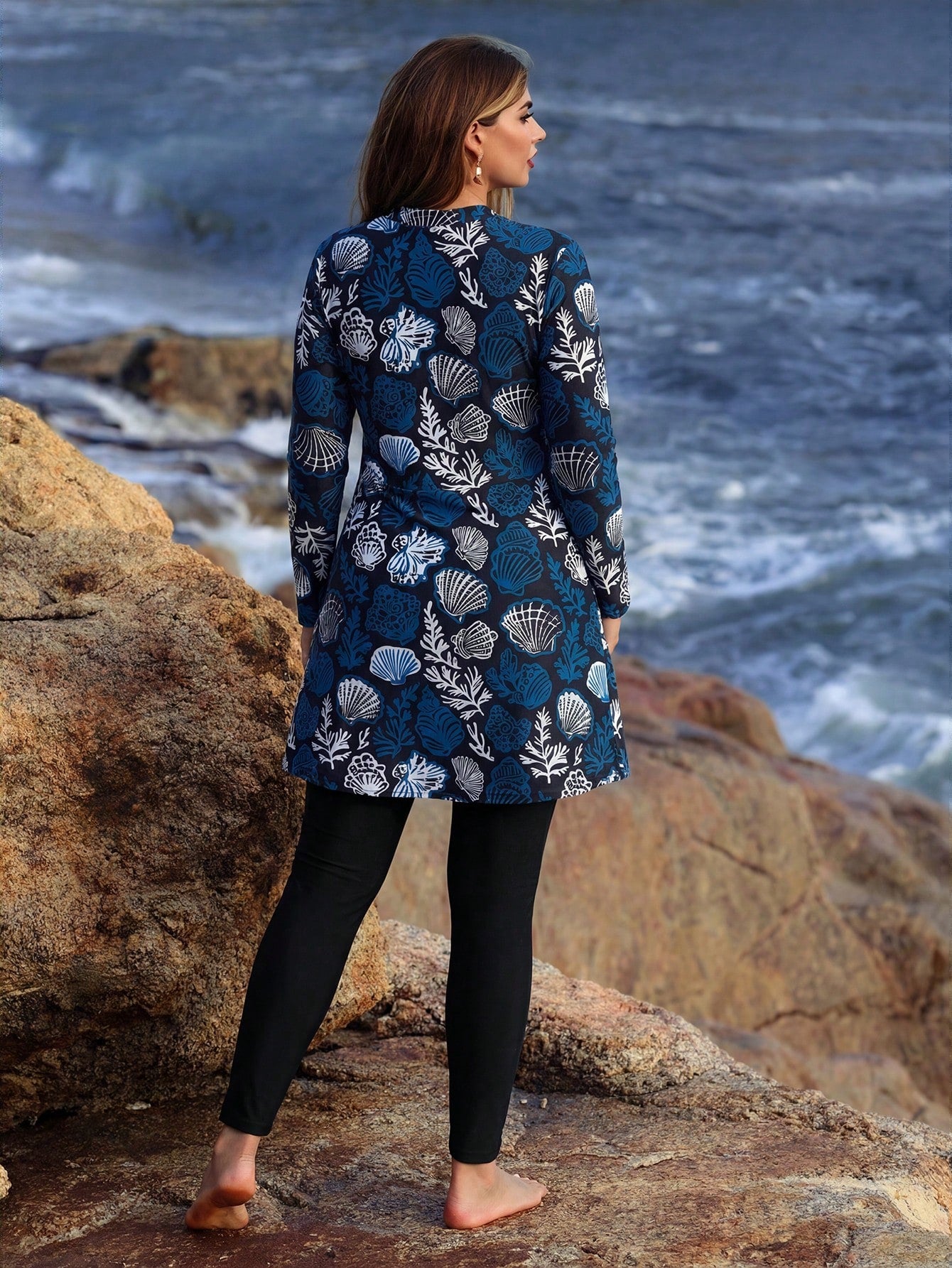 Swim Mulvari Plus Size Multicolor Tropical Print High Neck Long Sleeve Casual Burkinis