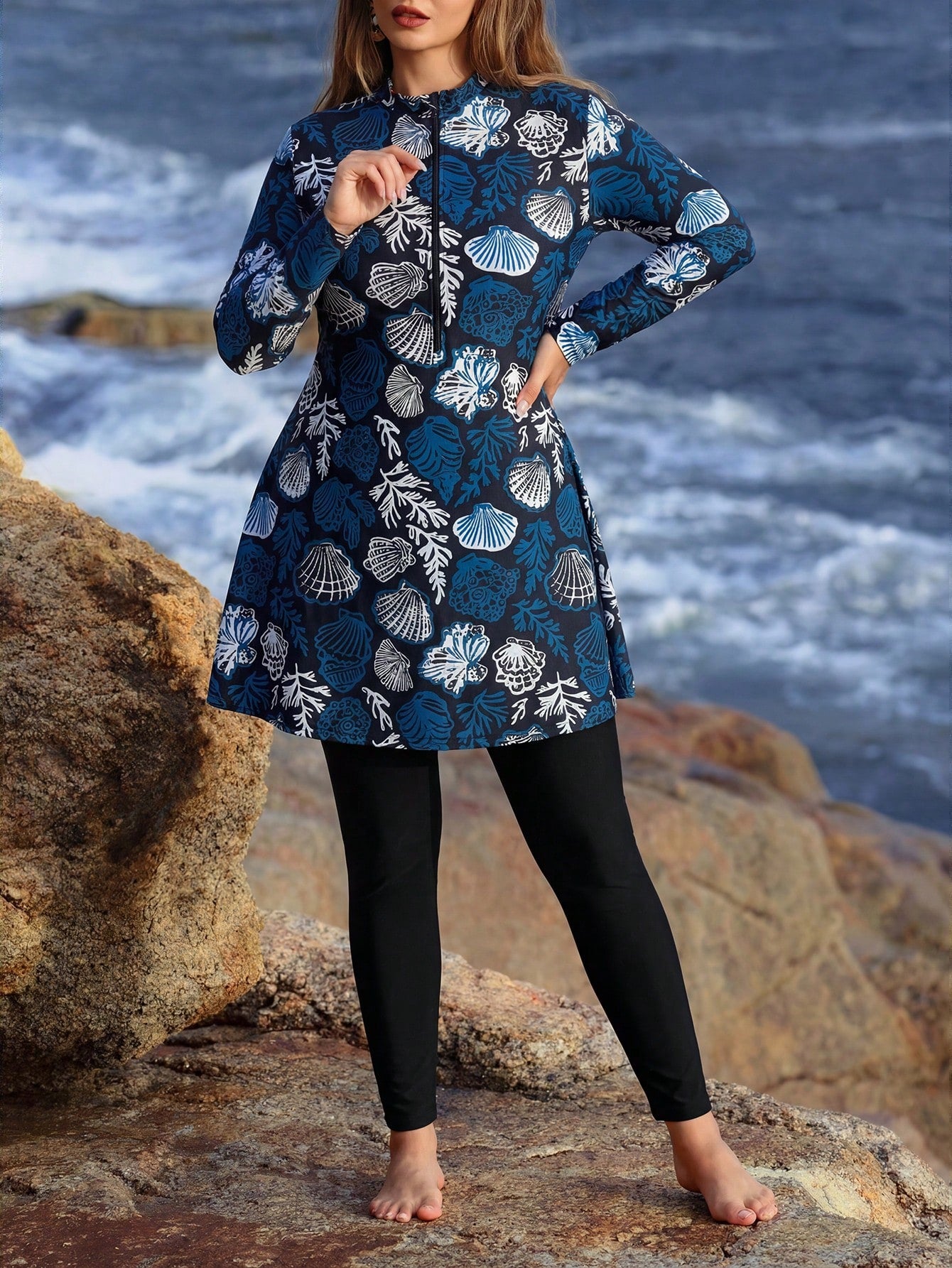 Swim Mulvari Plus Size Multicolor Tropical Print High Neck Long Sleeve Casual Burkinis