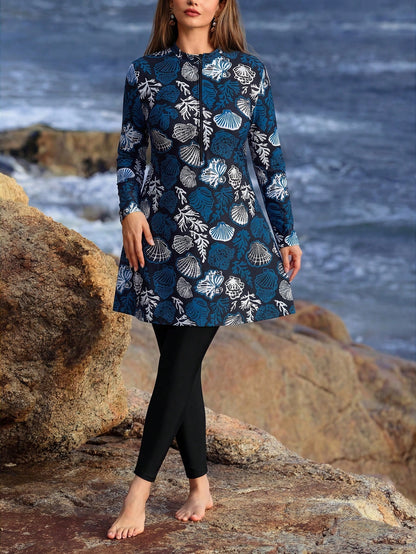 Swim Mulvari Plus Size Multicolor Tropical Print High Neck Long Sleeve Casual Burkinis