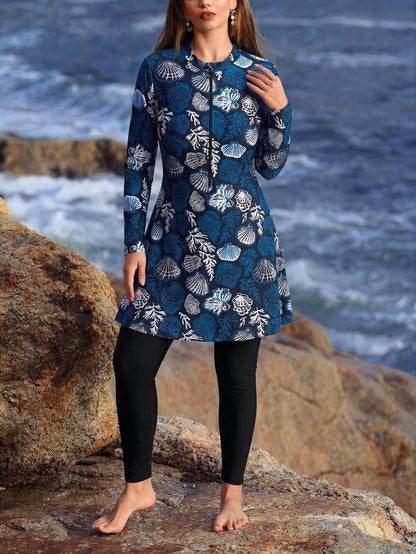 Swim Mulvari Plus Size Multicolor Tropical Print High Neck Long Sleeve Casual Burkinis