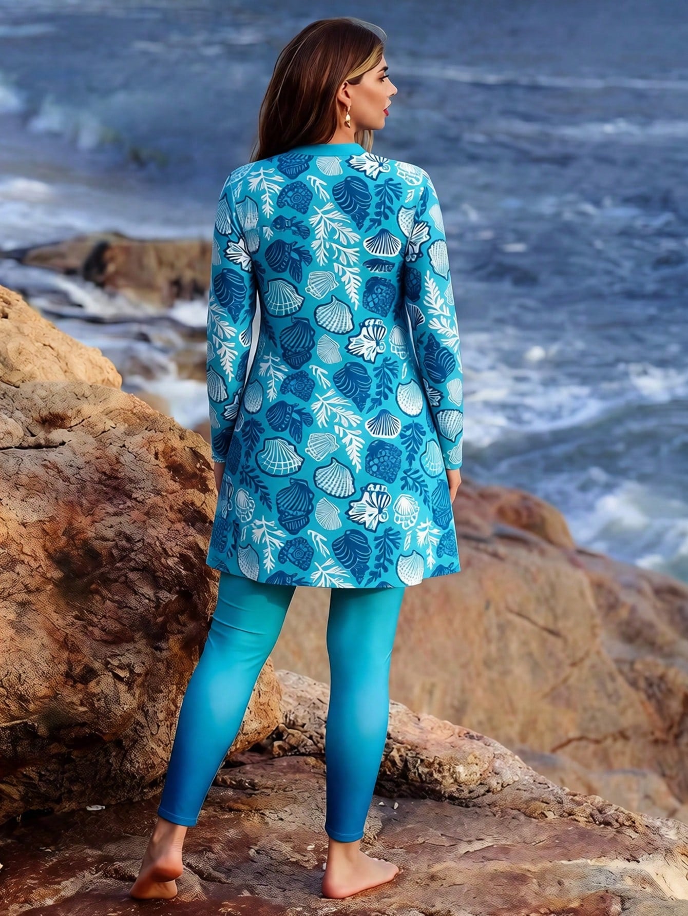 Swim Mulvari Plus Size Multicolor Tropical Print High Neck Long Sleeve Casual Burkinis