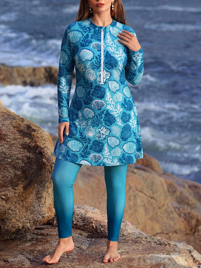 Swim Mulvari Plus Size Multicolor Tropical Print High Neck Long Sleeve Casual Burkinis