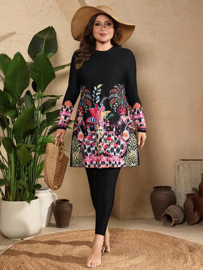 Swim Mulvari Plus Size Women Floral Print Patchwork Long Sleeve Top And Pants Casual Burkini Set