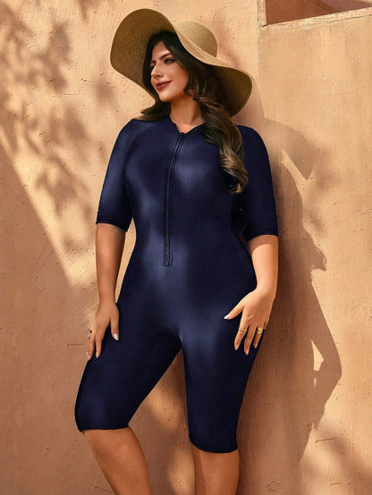 Swim Mulvari Plus Size Women One-Piece Solid Color Conservative Surfing Swimsuit Beach Navy Blue Summer