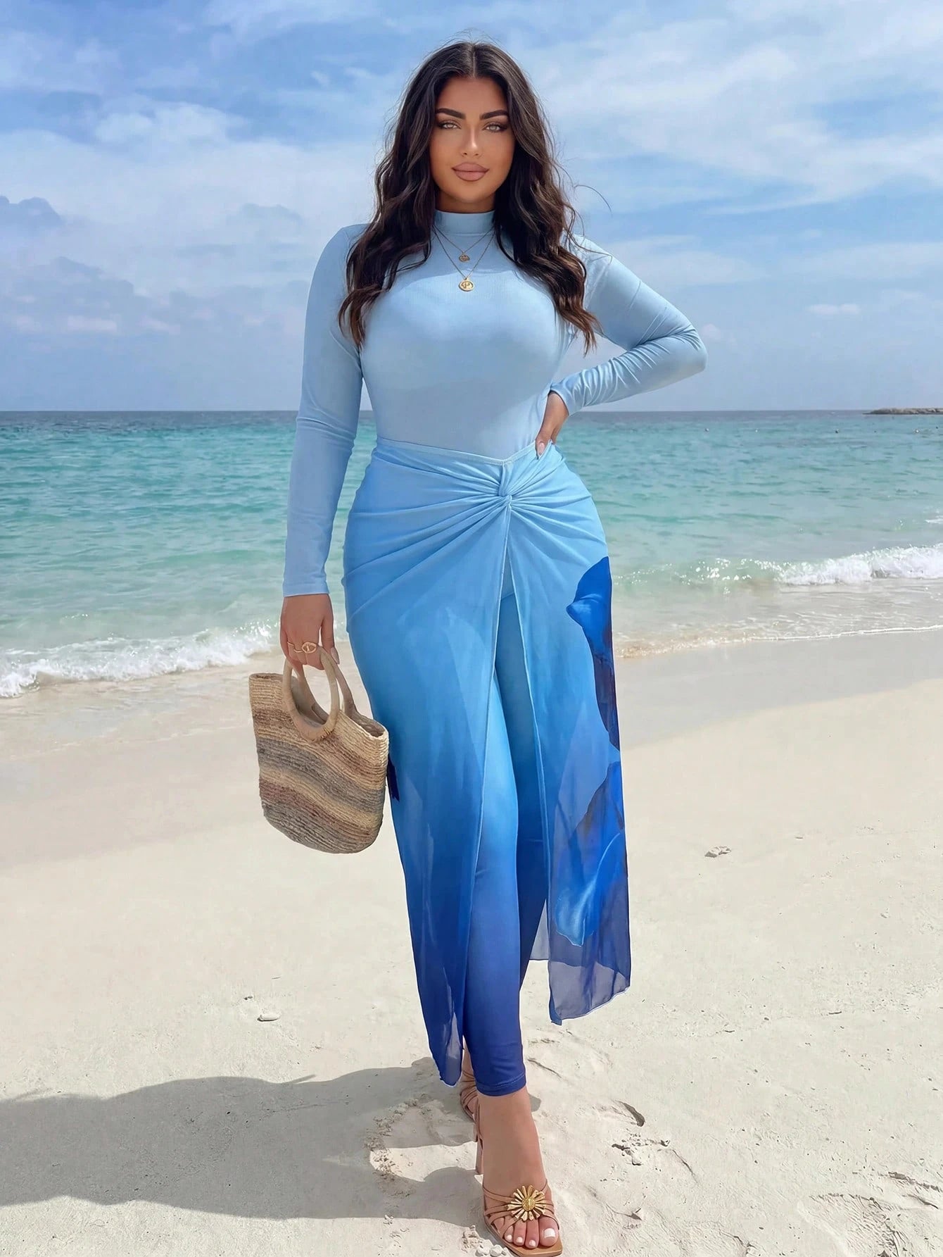 Swim Mulvari Plus Size Women's 4-Piece Set: Round Neck Long Sleeve Top, Gradient Color Skinny Leggings, Floral Print Knot Pleated Skirt And Long Sleeve Outer Robe Swimsuit