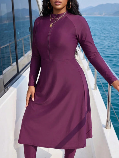 Swim Mulvari Summer Beach Plus Zip Front Full Body Burkini Swimsuit Dresses For Women>Long Sleeve