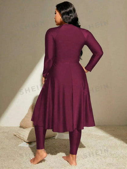 Swim Mulvari Summer Beach Plus Zip Front Full Body Burkini Swimsuit Dresses For Women>Long Sleeve