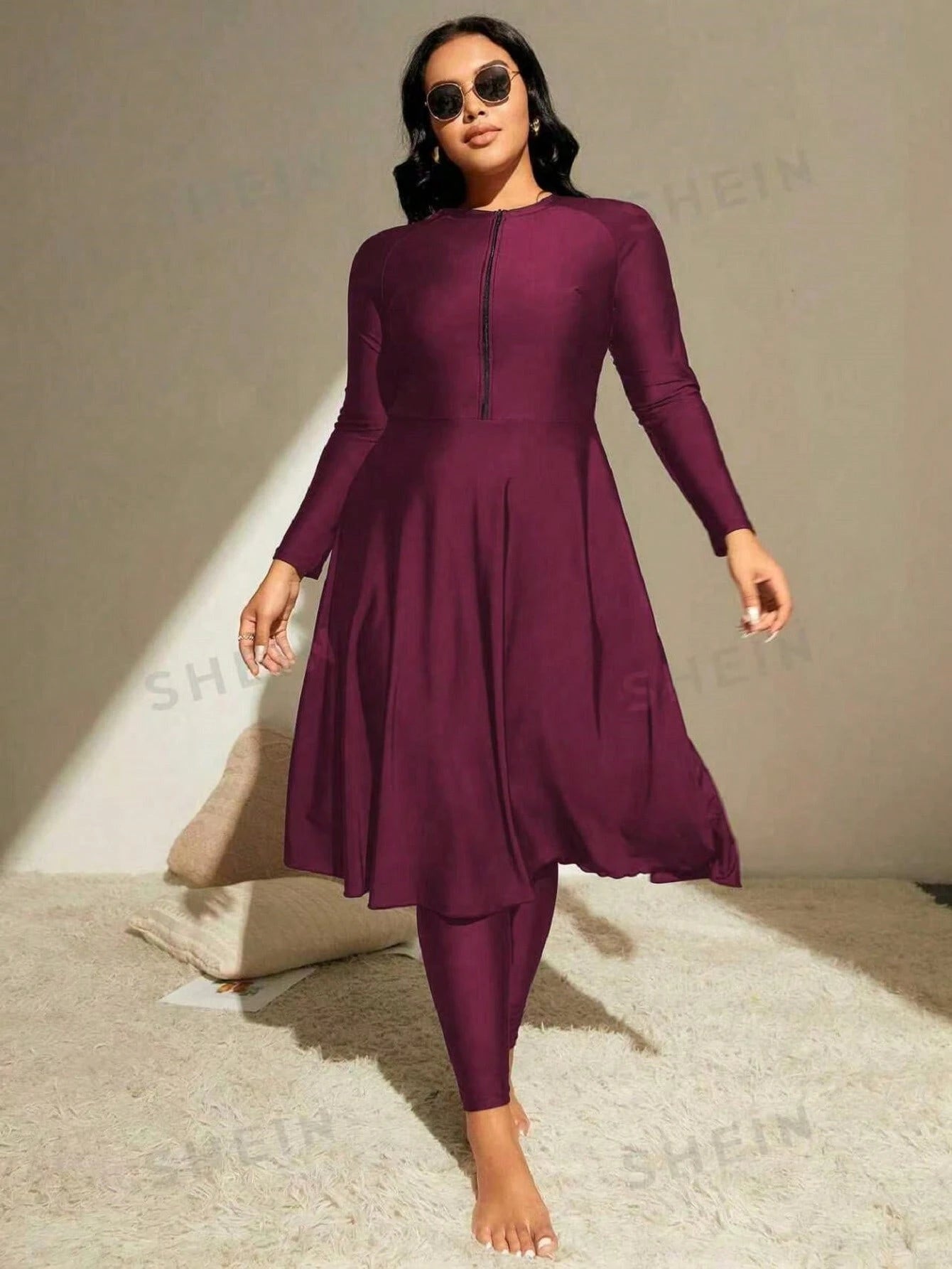 Swim Mulvari Summer Beach Plus Zip Front Full Body Burkini Swimsuit Dresses For Women>Long Sleeve