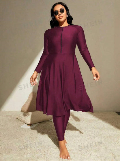 Swim Mulvari Summer Beach Plus Zip Front Full Body Burkini Swimsuit Dresses For Women>Long Sleeve