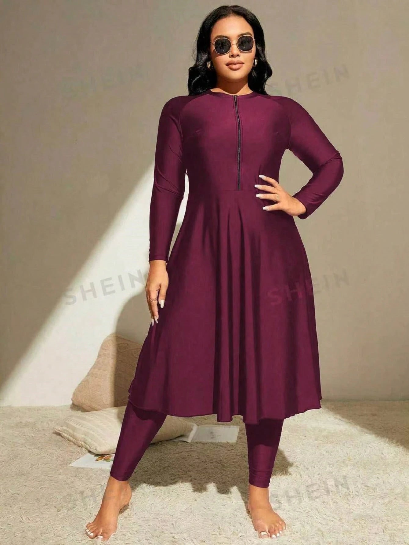 Swim Mulvari Summer Beach Plus Zip Front Full Body Burkini Swimsuit Dresses For Women>Long Sleeve