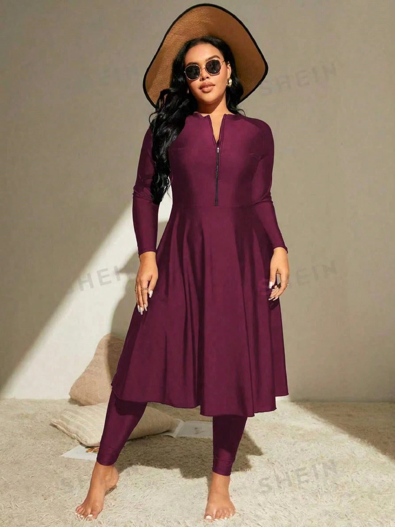 Swim Mulvari Summer Beach Plus Zip Front Full Body Burkini Swimsuit Dresses For Women>Long Sleeve