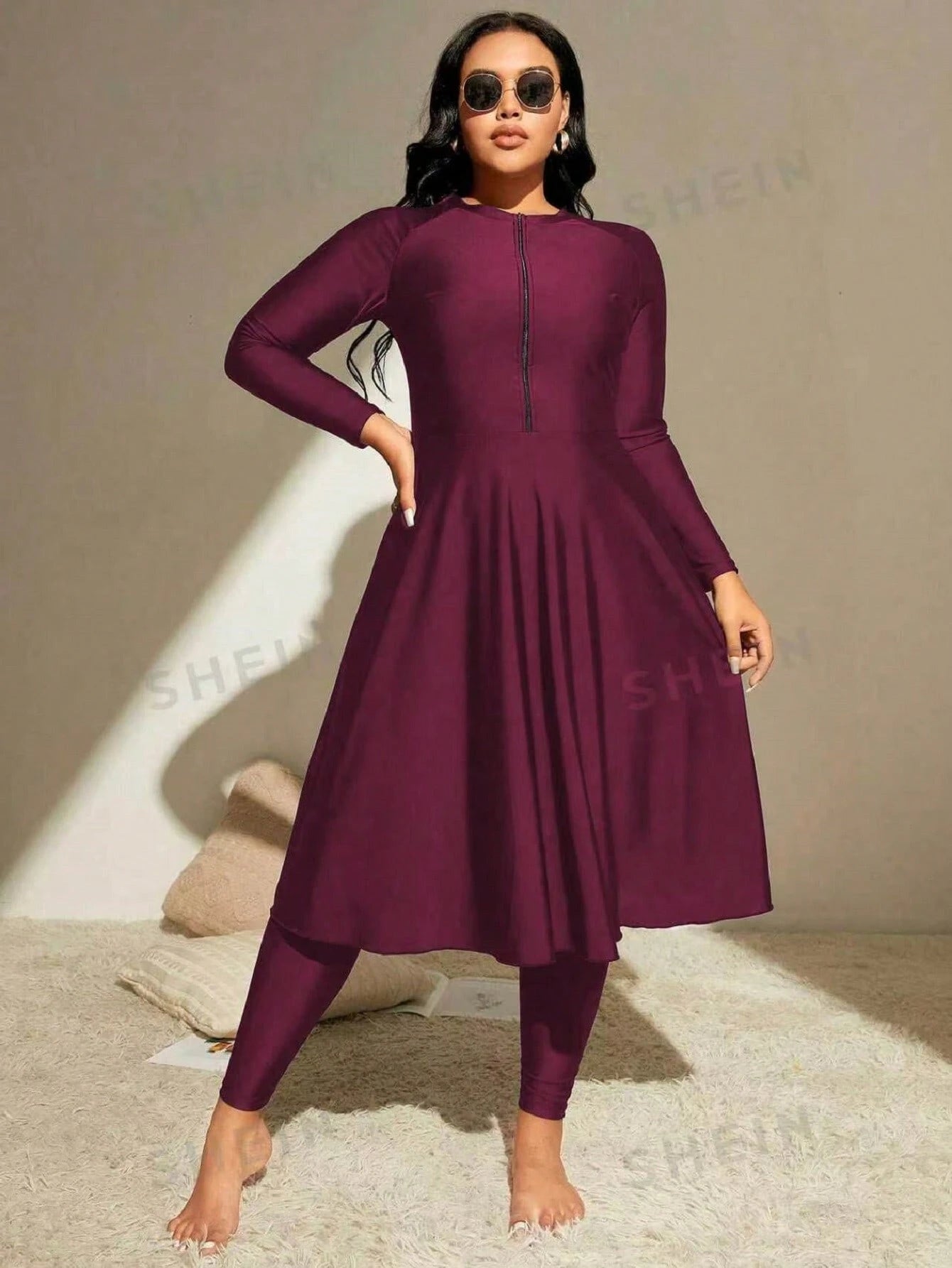 Swim Mulvari Summer Beach Plus Zip Front Full Body Burkini Swimsuit Dresses For Women>Long Sleeve