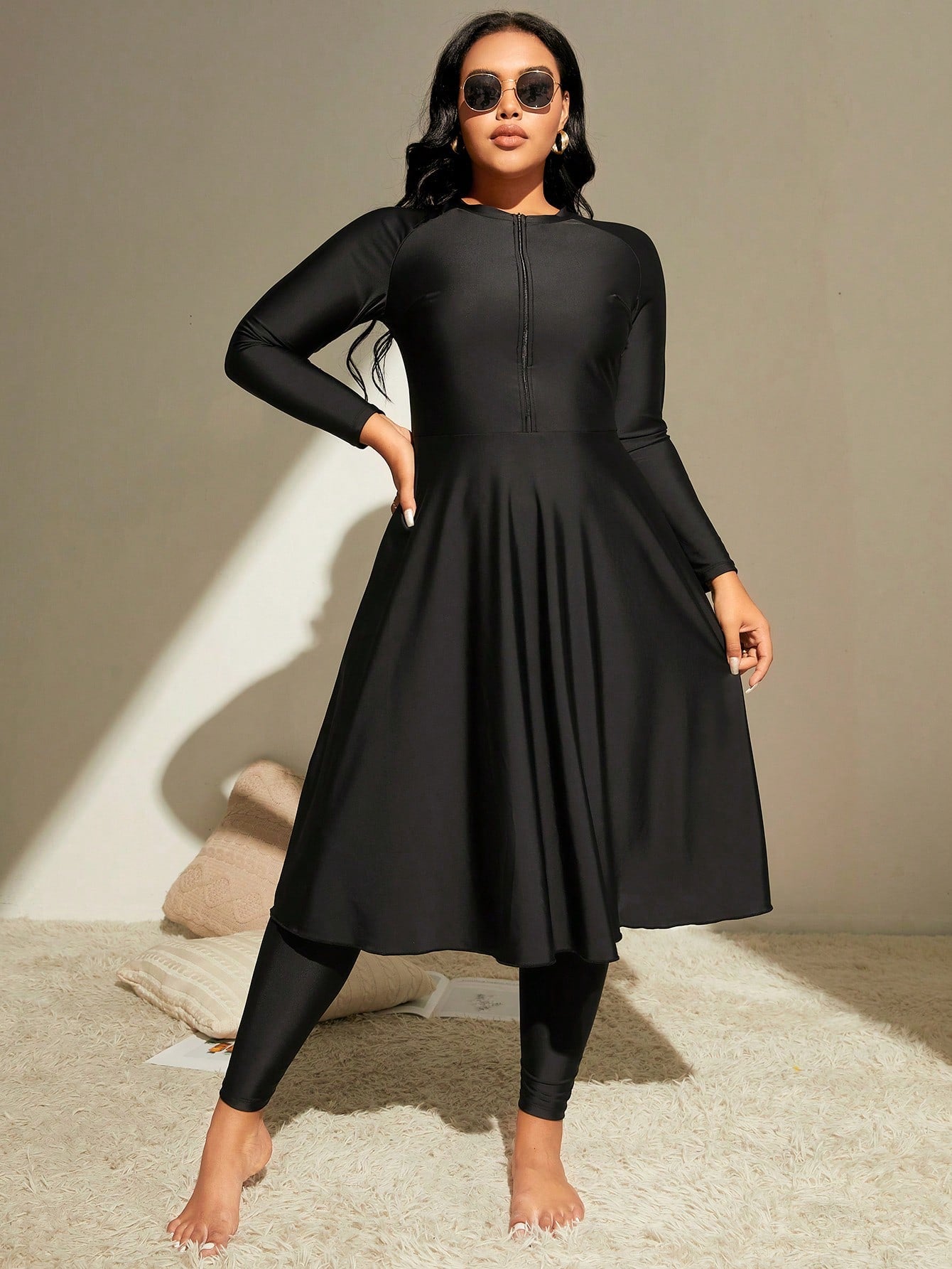 Swim Mulvari Summer Beach Plus Zip Front Full Body Burkini Swimsuit Dresses For Women>Long Sleeve