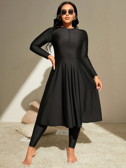 Swim Mulvari Summer Beach Plus Zip Front Full Body Burkini Swimsuit Dresses For Women>Long Sleeve