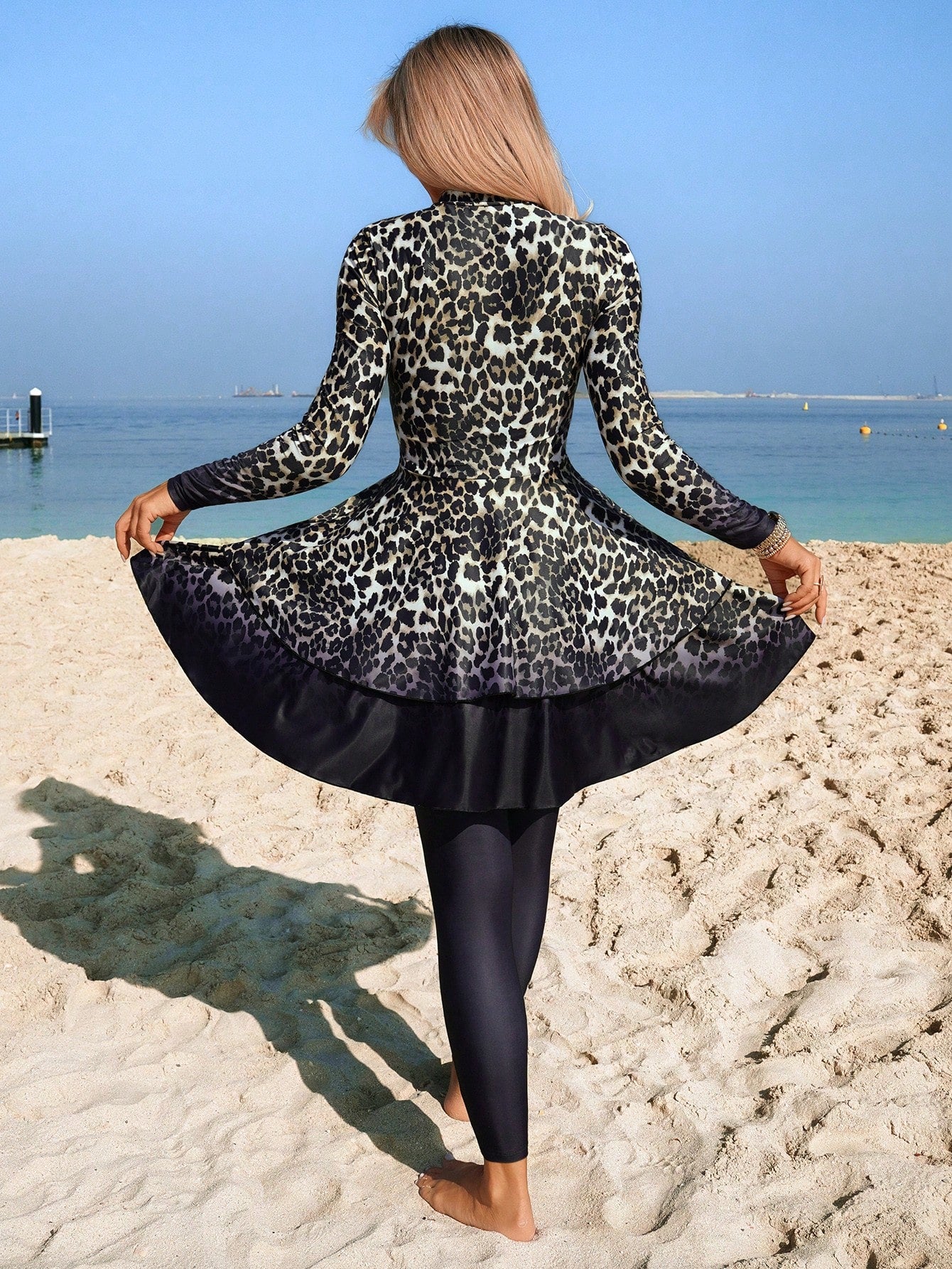 Swim Mulvari Women's Leopard Print Burkini Swimsuit,Modest Black Long Sleeve Zipper Rashguard & Tight Pants 2-Piece Set With Skirt,Summer Beach Vacation Holiday
