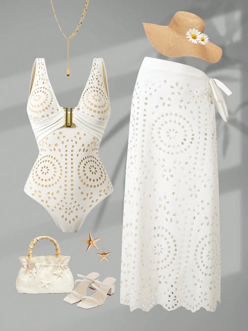 Swim Oasis 2026 New Plus Size Women's Fashion Sexy Hollow Design One-Piece Swimsuit + Wrap Skirt High-End Beach Set