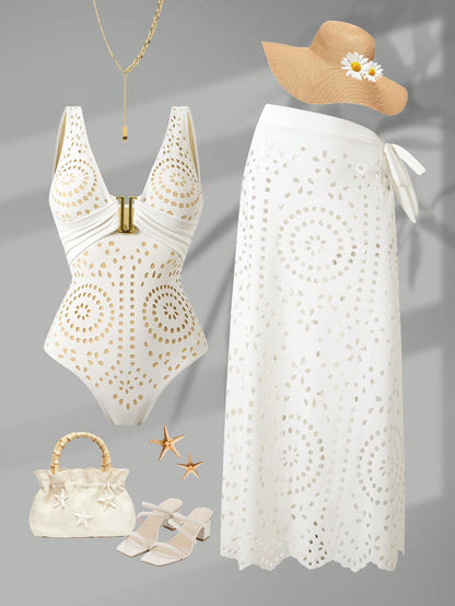 Swim Oasis 2026 New Plus Size Women's Fashion Sexy Hollow Design One-Piece Swimsuit + Wrap Skirt High-End Beach Set