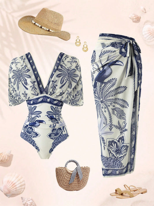 Swim Oasis 2026 New Spring/Summer Women 2pcs Solid Color Swimsuit With Mesh Maxi Dress, Beach Vacation Casual Swimwear Set