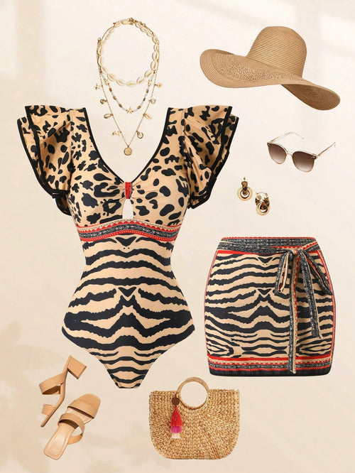 Swim Oasis 2026 Spring/Summer New Women's Plus Size Fashion Sexy Digital Print Design Shoulder Strap One-Piece Swimsuit + Skirt Beachwear
