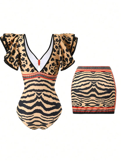 Swim Oasis 2026 Spring/Summer New Women's Plus Size Fashion Sexy Digital Print Design Shoulder Strap One-Piece Swimsuit + Skirt Beachwear