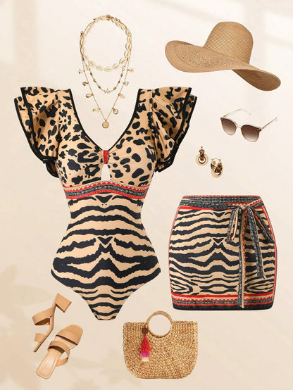 Swim Oasis 2026 Spring/Summer New Women's Plus Size Fashion Sexy Digital Print Design Shoulder Strap One-Piece Swimsuit + Skirt Beachwear