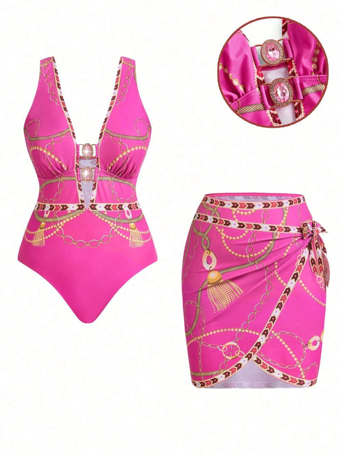 Swim Oasis 2pcs Plus Size Women Digitally Printed Sleeveless Swimsuit Set With One-Piece Tie-Front Mini Skirt, Suitable For Beach And Vacation For Summer