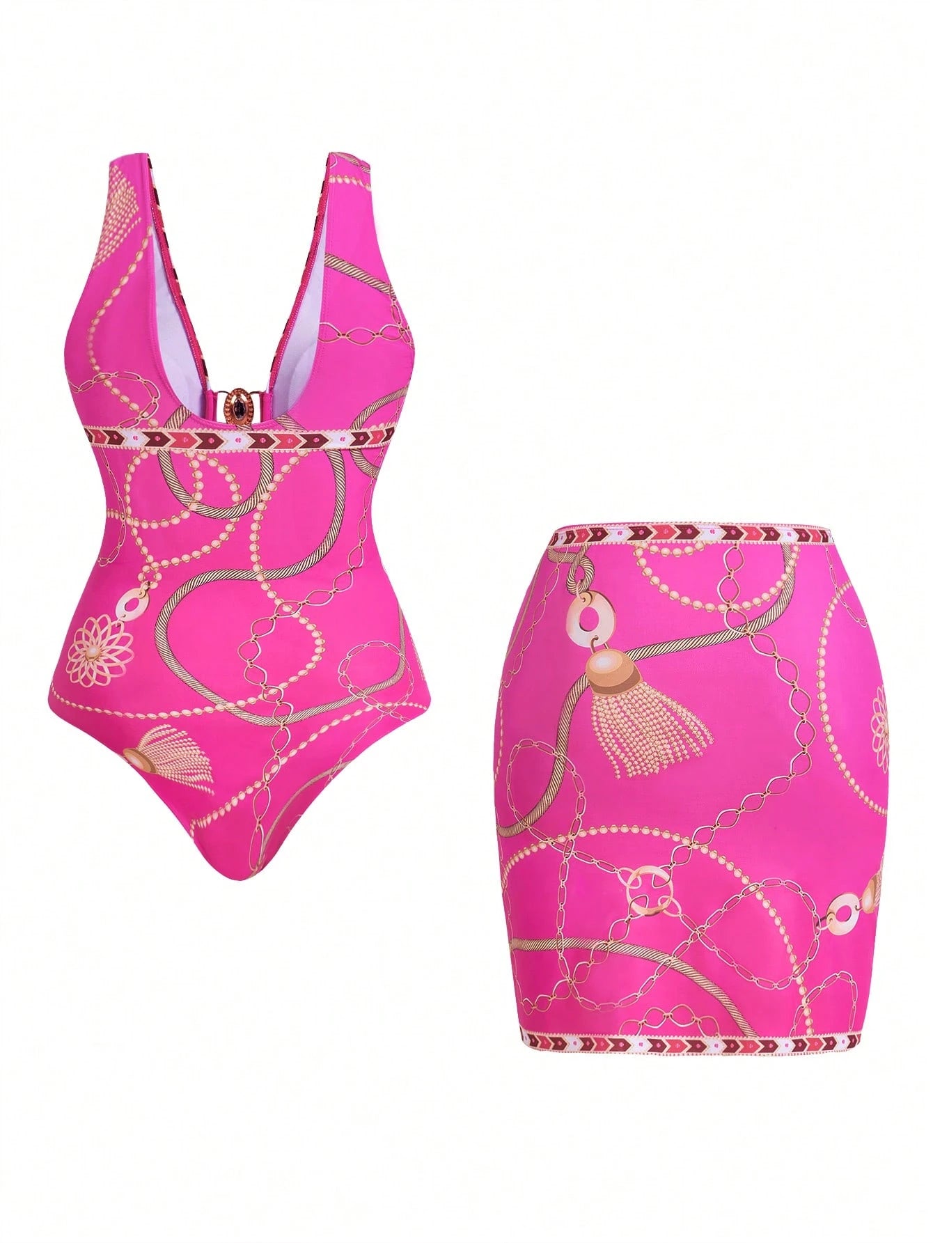 Swim Oasis 2pcs Plus Size Women Digitally Printed Sleeveless Swimsuit Set With One-Piece Tie-Front Mini Skirt, Suitable For Beach And Vacation For Summer