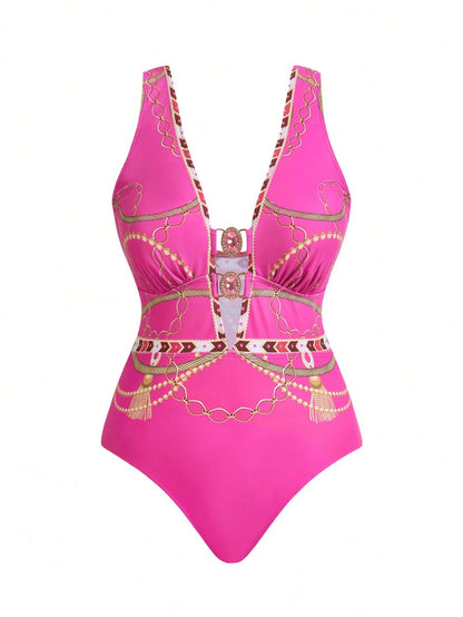 Swim Oasis 2pcs Plus Size Women Digitally Printed Sleeveless Swimsuit Set With One-Piece Tie-Front Mini Skirt, Suitable For Beach And Vacation For Summer